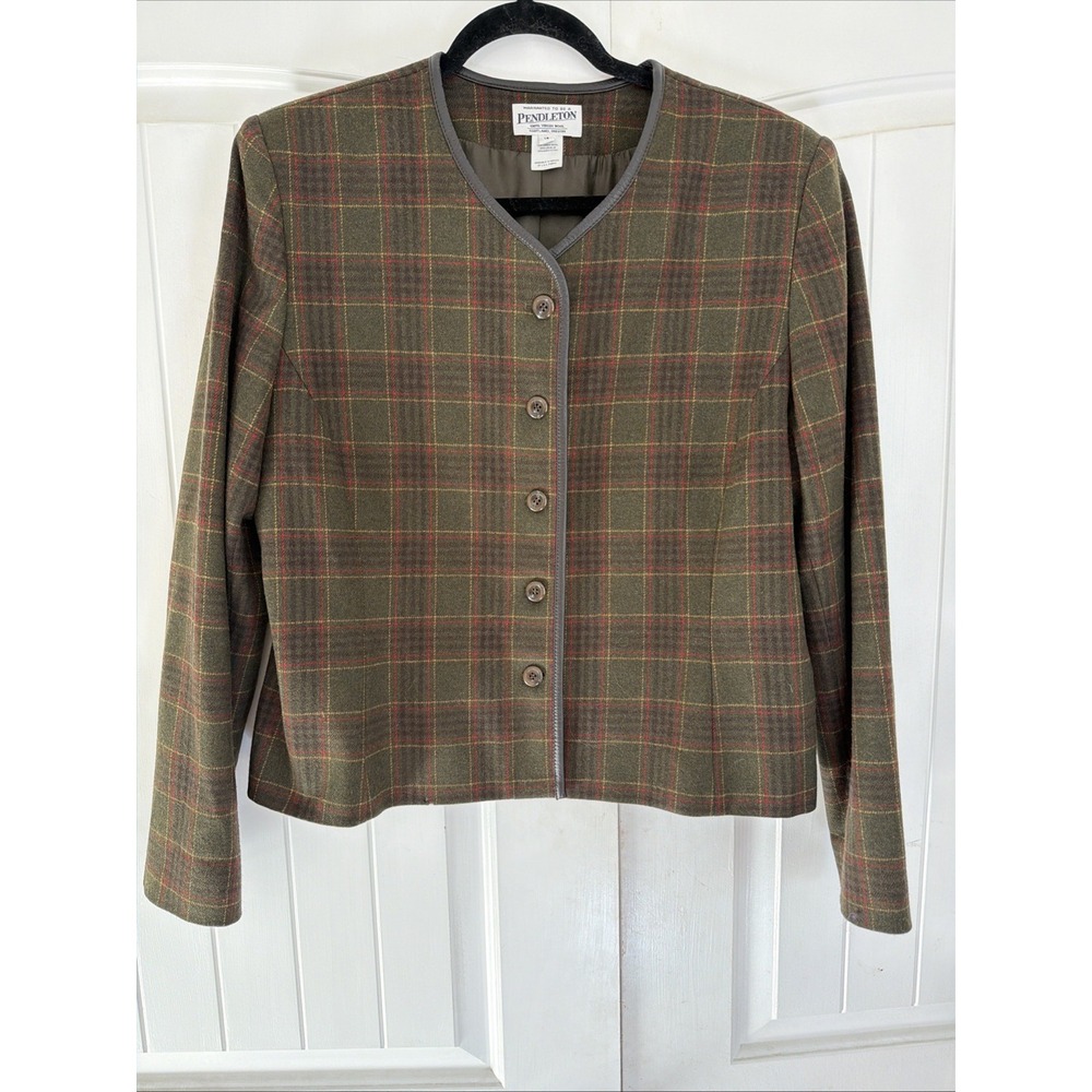 Vtg 2000s PENDLETON Blazer Jacket Preppy Green Plaid Virgin Wool Sz 16